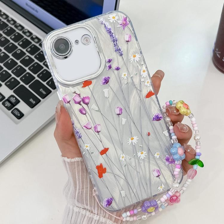 For iPhone 16e Electroplating Flower Texture Wristband TPU Phone Case(Purple Wildflowers SH1) - iPhone 16e Cases by PMC TechLife | Online Shopping South Africa | PMC TechLife | Buy Now Pay Later Mobicred
