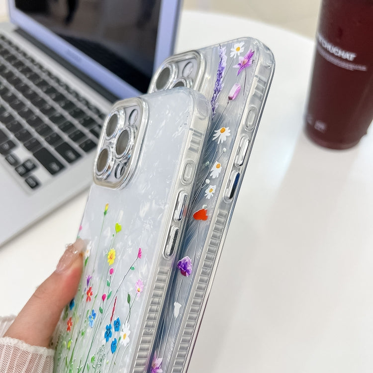 For iPhone 16e Electroplating Flower Texture Wristband TPU Phone Case(Purple Wildflowers SH1) - iPhone 16e Cases by PMC TechLife | Online Shopping South Africa | PMC TechLife | Buy Now Pay Later Mobicred