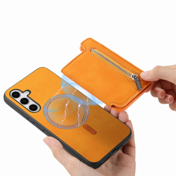 For Samsung Galaxy S25+ 5G Retro MagSafe Zipper Wallet Card Bag Back Phone Case(Yellow) - Galaxy S25+ 5G Cases by PMC Jewellery | Online Shopping South Africa | PMC Jewellery | Buy Now Pay Later Mobicred