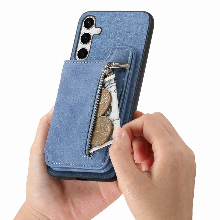 For Samsung Galaxy S25+ 5G Retro MagSafe Zipper Wallet Card Bag Back Phone Case(Blue) - Galaxy S25+ 5G Cases by PMC Jewellery | Online Shopping South Africa | PMC Jewellery | Buy Now Pay Later Mobicred