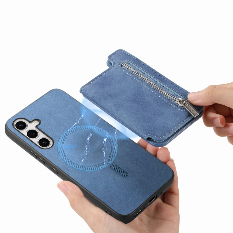 For Samsung Galaxy S25+ 5G Retro MagSafe Zipper Wallet Card Bag Back Phone Case(Blue) - Galaxy S25+ 5G Cases by PMC Jewellery | Online Shopping South Africa | PMC Jewellery | Buy Now Pay Later Mobicred