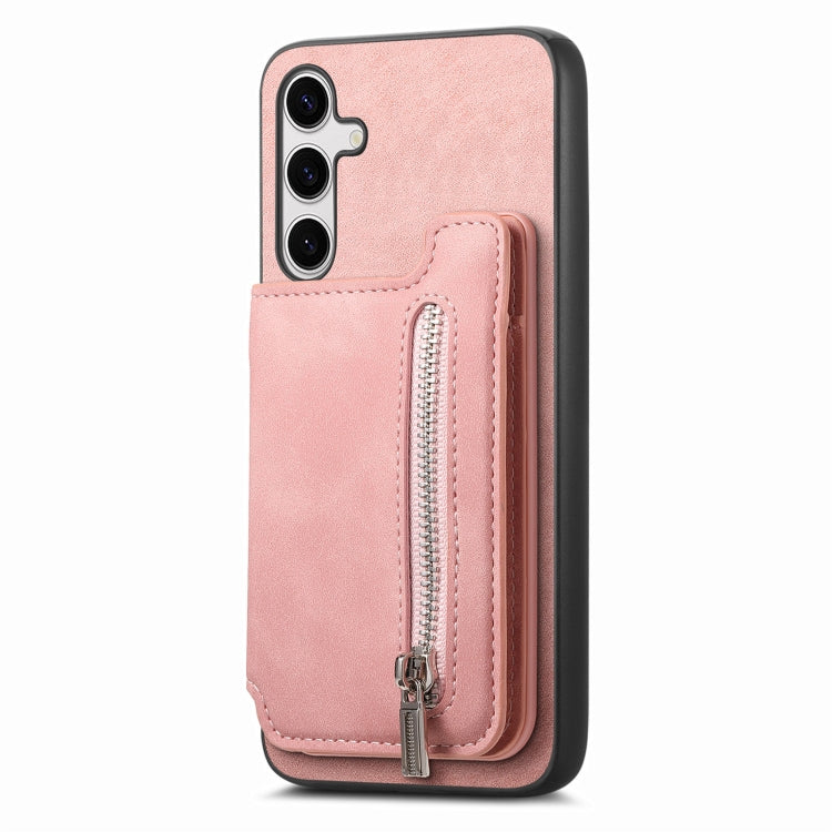 For Samsung Galaxy S25+ 5G Retro MagSafe Zipper Wallet Card Bag Back Phone Case(Pink) - Galaxy S25+ 5G Cases by PMC Jewellery | Online Shopping South Africa | PMC Jewellery | Buy Now Pay Later Mobicred