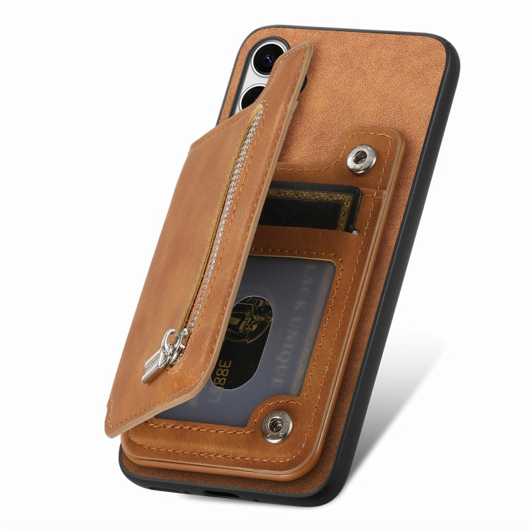 For Samsung Galaxy S25+ 5G Retro MagSafe Zipper Wallet Card Bag Back Phone Case(Brown) - Galaxy S25+ 5G Cases by PMC Jewellery | Online Shopping South Africa | PMC Jewellery | Buy Now Pay Later Mobicred