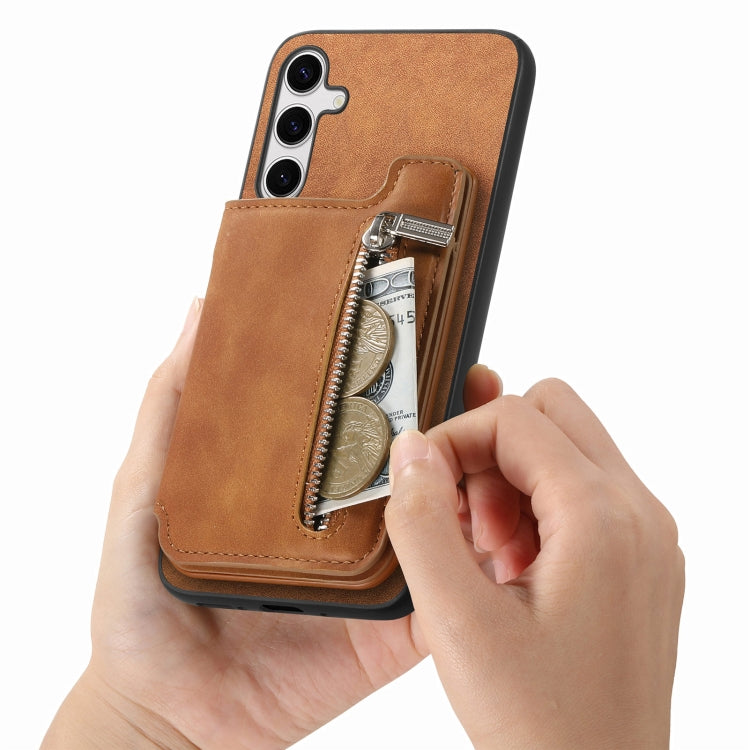 For Samsung Galaxy S25+ 5G Retro MagSafe Zipper Wallet Card Bag Back Phone Case(Brown) - Galaxy S25+ 5G Cases by PMC Jewellery | Online Shopping South Africa | PMC Jewellery | Buy Now Pay Later Mobicred