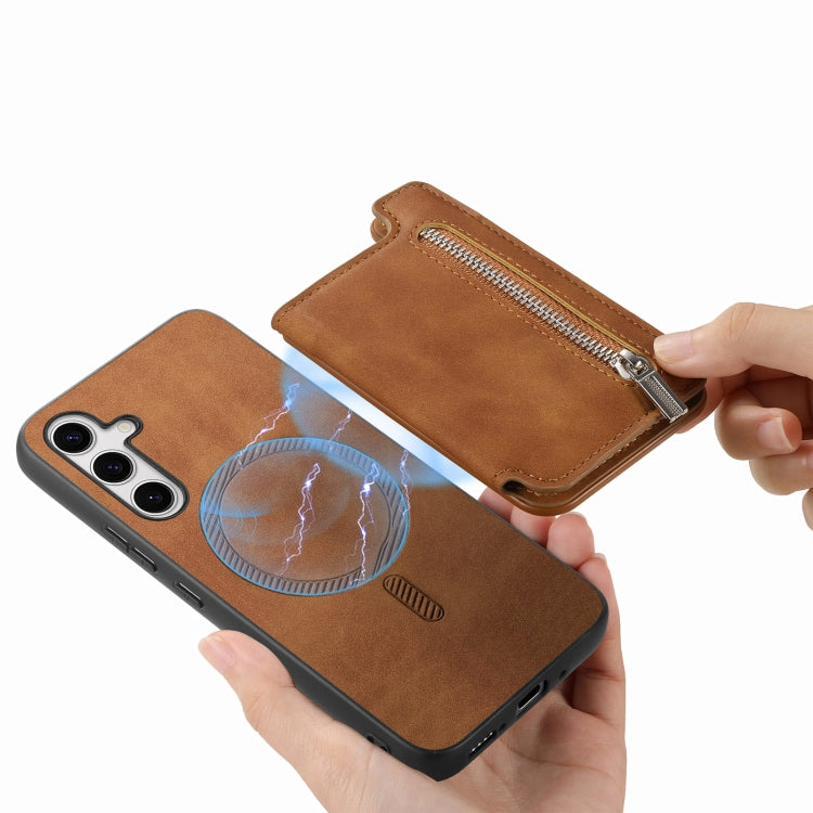 For Samsung Galaxy S25+ 5G Retro MagSafe Zipper Wallet Card Bag Back Phone Case(Brown) - Galaxy S25+ 5G Cases by PMC Jewellery | Online Shopping South Africa | PMC Jewellery | Buy Now Pay Later Mobicred