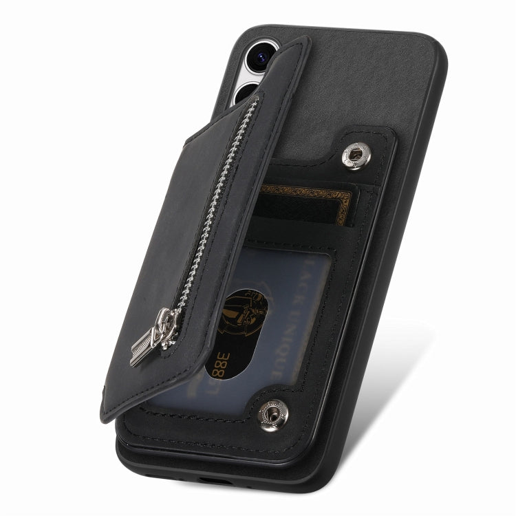 For Samsung Galaxy S25+ 5G Retro MagSafe Zipper Wallet Card Bag Back Phone Case(Black) - Galaxy S25+ 5G Cases by PMC Jewellery | Online Shopping South Africa | PMC Jewellery | Buy Now Pay Later Mobicred
