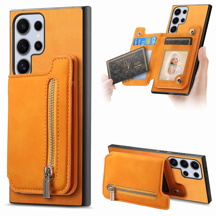For Samsung Galaxy S25 Ultra 5G Retro MagSafe Zipper Wallet Card Bag Back Phone Case(Yellow) - Galaxy S25 Ultra 5G Cases by PMC TechLife | Online Shopping South Africa | PMC TechLife | Buy Now Pay Later Mobicred