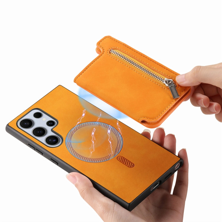 For Samsung Galaxy S25 Ultra 5G Retro MagSafe Zipper Wallet Card Bag Back Phone Case(Yellow) - Galaxy S25 Ultra 5G Cases by PMC TechLife | Online Shopping South Africa | PMC TechLife | Buy Now Pay Later Mobicred