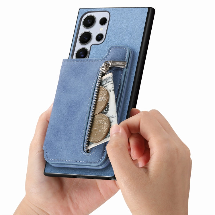 For Samsung Galaxy S25 Ultra 5G Retro MagSafe Zipper Wallet Card Bag Back Phone Case(Blue) - Galaxy S25 Ultra 5G Cases by PMC TechLife | Online Shopping South Africa | PMC TechLife | Buy Now Pay Later Mobicred
