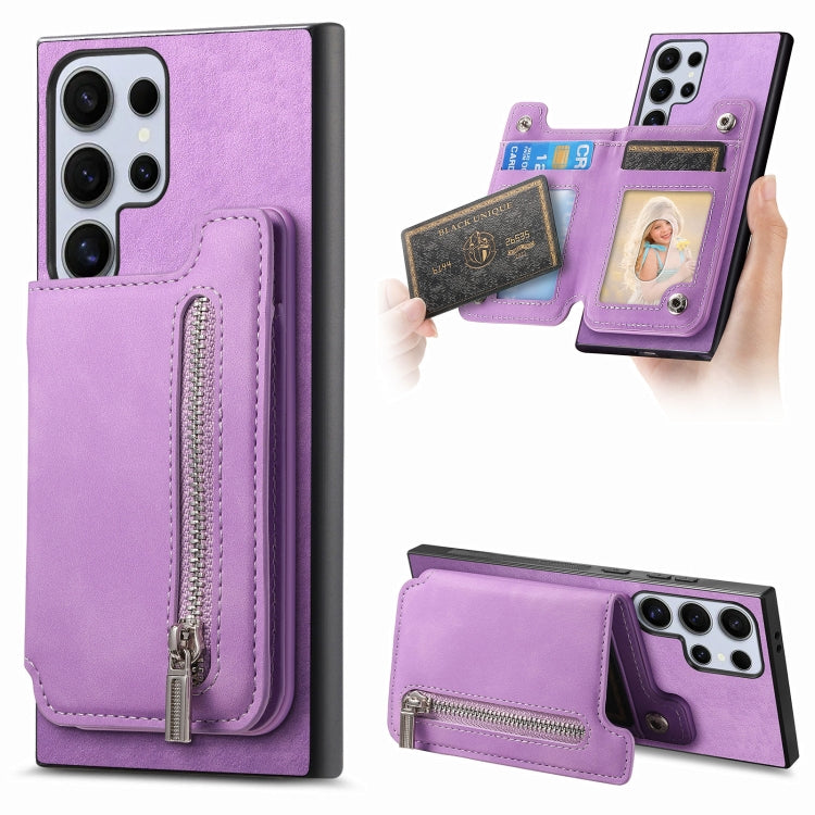 For Samsung Galaxy S25 Ultra 5G Retro MagSafe Zipper Wallet Card Bag Back Phone Case(Purple) - Galaxy S25 Ultra 5G Cases by PMC TechLife | Online Shopping South Africa | PMC TechLife | Buy Now Pay Later Mobicred