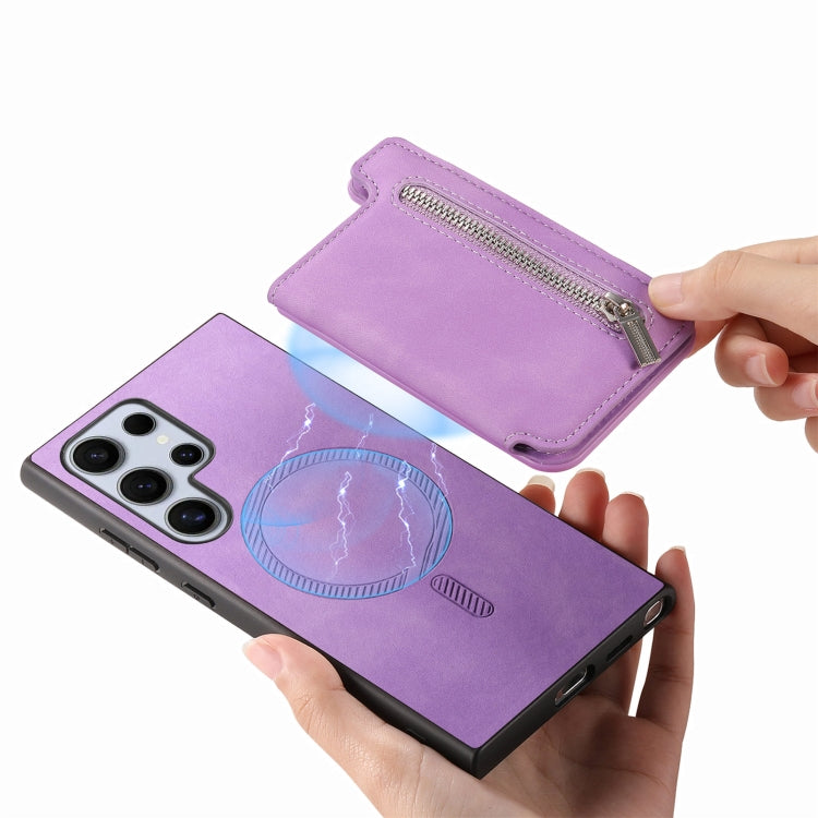 For Samsung Galaxy S25 Ultra 5G Retro MagSafe Zipper Wallet Card Bag Back Phone Case(Purple) - Galaxy S25 Ultra 5G Cases by PMC TechLife | Online Shopping South Africa | PMC TechLife | Buy Now Pay Later Mobicred