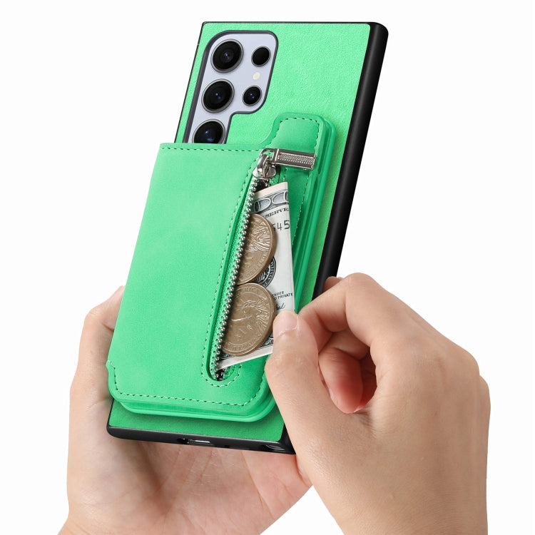 For Samsung Galaxy S25 Ultra 5G Retro MagSafe Zipper Wallet Card Bag Back Phone Case(Green) - Galaxy S25 Ultra 5G Cases by PMC TechLife | Online Shopping South Africa | PMC TechLife | Buy Now Pay Later Mobicred