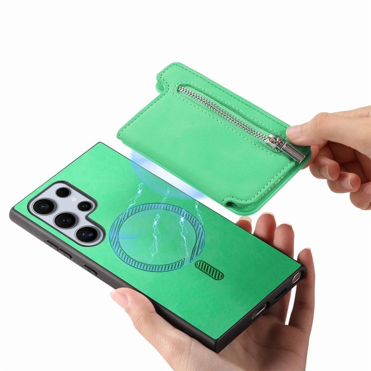 For Samsung Galaxy S25 Ultra 5G Retro MagSafe Zipper Wallet Card Bag Back Phone Case(Green) - Galaxy S25 Ultra 5G Cases by PMC TechLife | Online Shopping South Africa | PMC TechLife | Buy Now Pay Later Mobicred