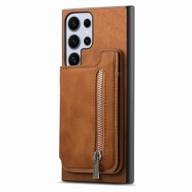 For Samsung Galaxy S25 Ultra 5G Retro MagSafe Zipper Wallet Card Bag Back Phone Case(Brown) - Galaxy S25 Ultra 5G Cases by PMC TechLife | Online Shopping South Africa | PMC TechLife | Buy Now Pay Later Mobicred