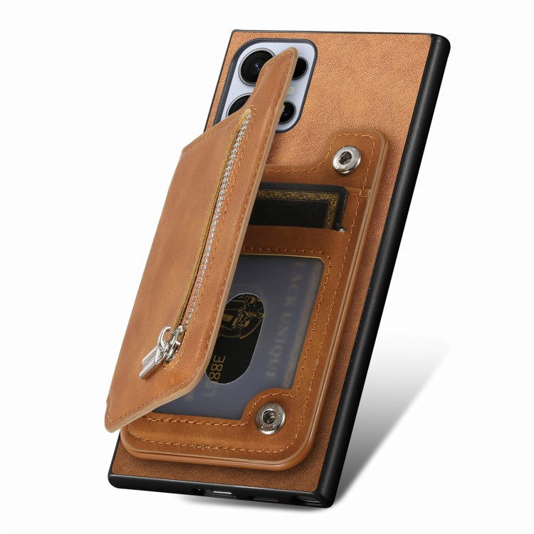 For Samsung Galaxy S25 Ultra 5G Retro MagSafe Zipper Wallet Card Bag Back Phone Case(Brown) - Galaxy S25 Ultra 5G Cases by PMC TechLife | Online Shopping South Africa | PMC TechLife | Buy Now Pay Later Mobicred