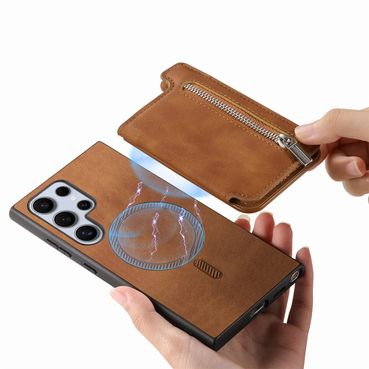 For Samsung Galaxy S25 Ultra 5G Retro MagSafe Zipper Wallet Card Bag Back Phone Case(Brown) - Galaxy S25 Ultra 5G Cases by PMC TechLife | Online Shopping South Africa | PMC TechLife | Buy Now Pay Later Mobicred