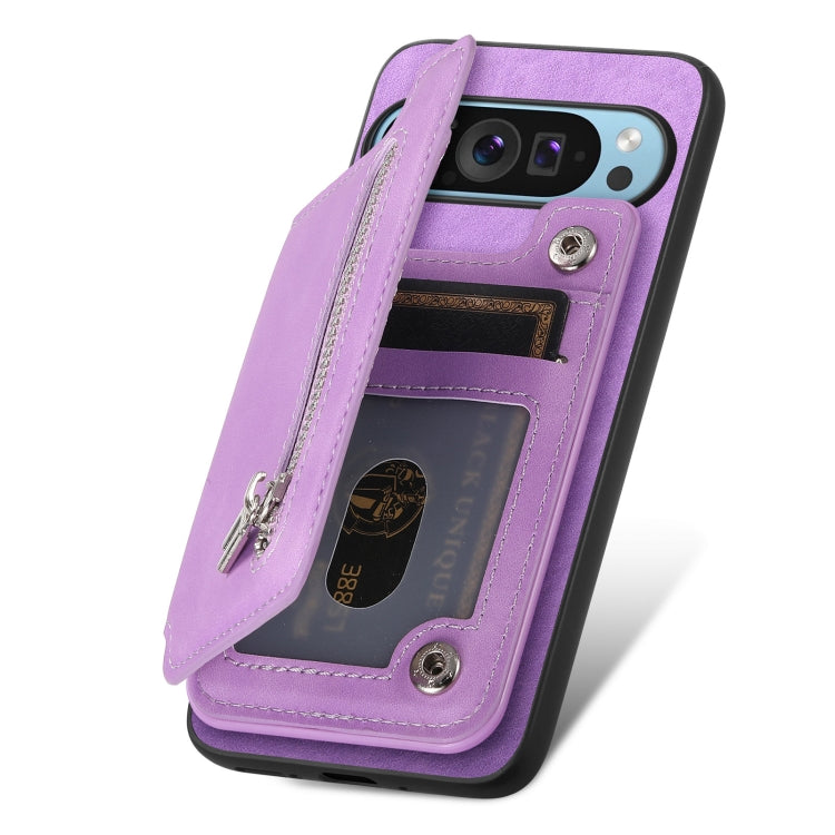 For Google Pixel 7 Retro MagSafe Zipper Wallet Card Bag Back Phone Case(Purple) - Google Cases by PMC TechLife | Online Shopping South Africa | PMC TechLife | Buy Now Pay Later Mobicred