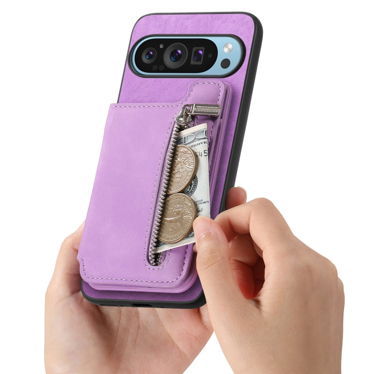 For Google Pixel 9 / 9 Pro Retro MagSafe Zipper Wallet Card Bag Back Phone Case(Purple) - Google Cases by PMC TechLife | Online Shopping South Africa | PMC TechLife | Buy Now Pay Later Mobicred