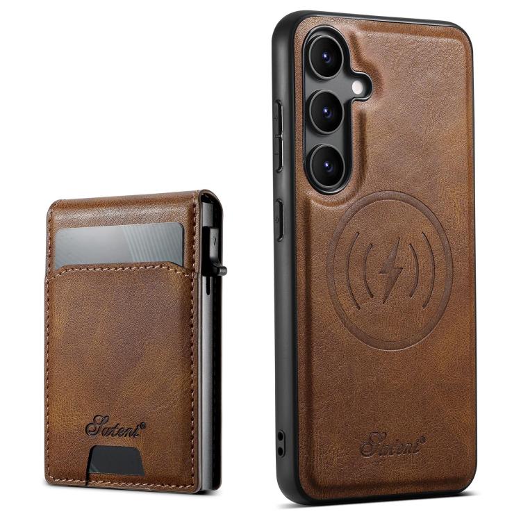 For Samsung Galaxy S25+ 5G Suteni H19 Oil Wax 2-in-1 MagSafe Removable Card Box Back Phone Case(Brown) - Galaxy S25+ 5G Cases by Suteni | Online Shopping South Africa | PMC TechLife | Buy Now Pay Later Mobicred
