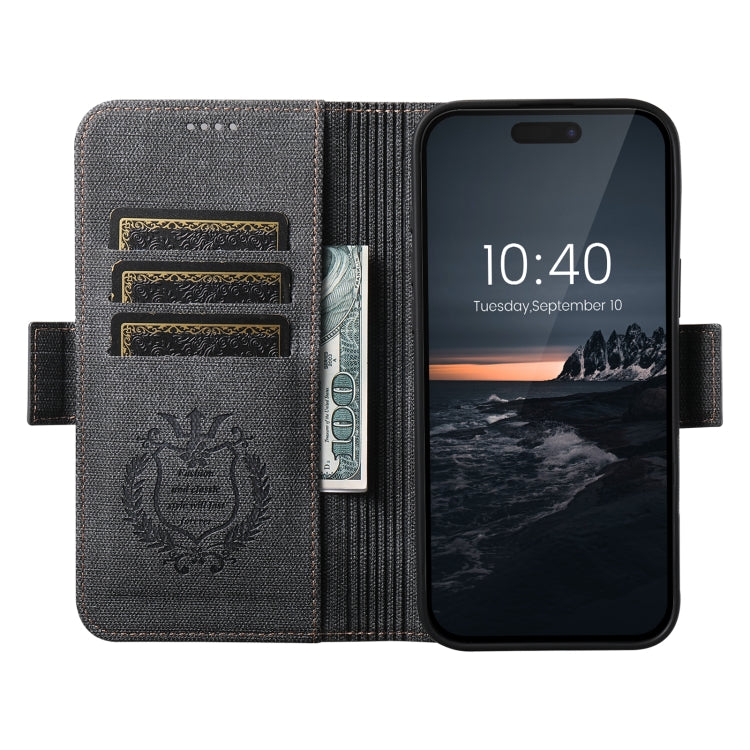 For iPhone 16 Pro Suteni J07 Multi-functional Horizontal MagSafe Denim Leather Phone Case(Black) - iPhone 16 Pro Cases by Suteni | Online Shopping South Africa | PMC Jewellery | Buy Now Pay Later Mobicred