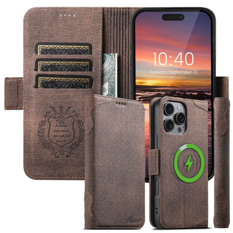 For iPhone 16 Pro Max Suteni J07 Multi-functional Horizontal MagSafe Denim Leather Phone Case(Brown) - iPhone 16 Pro Max Cases by Suteni | Online Shopping South Africa | PMC Jewellery | Buy Now Pay Later Mobicred