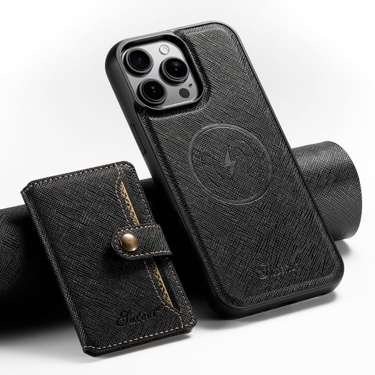 For iPhone 16 Pro Max Suteni H20 Cross-Grain MagSafe Horizontal Card Bag Back Phone Case(Black) - iPhone 16 Pro Max Cases by Suteni | Online Shopping South Africa | PMC Jewellery | Buy Now Pay Later Mobicred