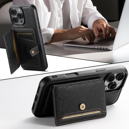 For iPhone 16 Pro Suteni H20 Cross-Grain MagSafe Horizontal Card Bag Back Phone Case(Black) - iPhone 16 Pro Cases by Suteni | Online Shopping South Africa | PMC Jewellery | Buy Now Pay Later Mobicred