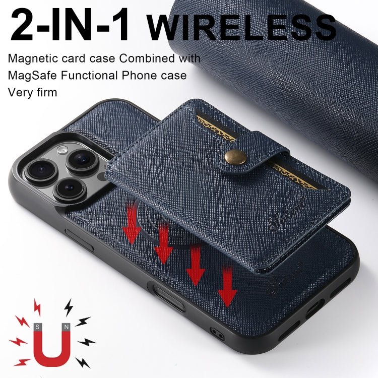 For iPhone 16 Plus Suteni H20 Cross-Grain MagSafe Horizontal Card Bag Back Phone Case(Blue) - iPhone 16 Plus Cases by Suteni | Online Shopping South Africa | PMC Jewellery | Buy Now Pay Later Mobicred