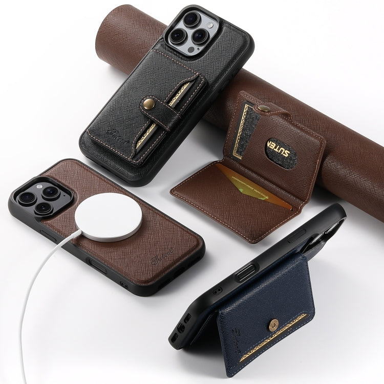 For iPhone 16 Plus Suteni H20 Cross-Grain MagSafe Horizontal Card Bag Back Phone Case(Brown) - iPhone 16 Plus Cases by Suteni | Online Shopping South Africa | PMC Jewellery | Buy Now Pay Later Mobicred