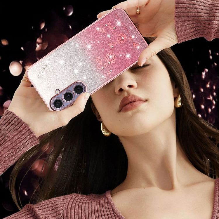 For Samsung Galaxy S25+ 5G Gradient Glitter Flower All-inclusive Phone Case(Pink) - Galaxy S25+ 5G Cases by PMC Jewellery | Online Shopping South Africa | PMC Jewellery | Buy Now Pay Later Mobicred