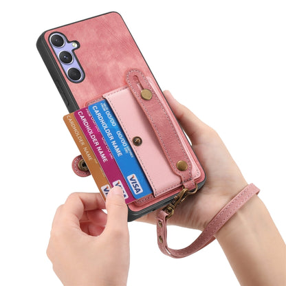 For Samsung Galaxy S25 5G Retro Cross Wristband Wallet Leather Back Phone Case(Pink) - Galaxy S25 5G Cases by PMC Jewellery | Online Shopping South Africa | PMC Jewellery | Buy Now Pay Later Mobicred