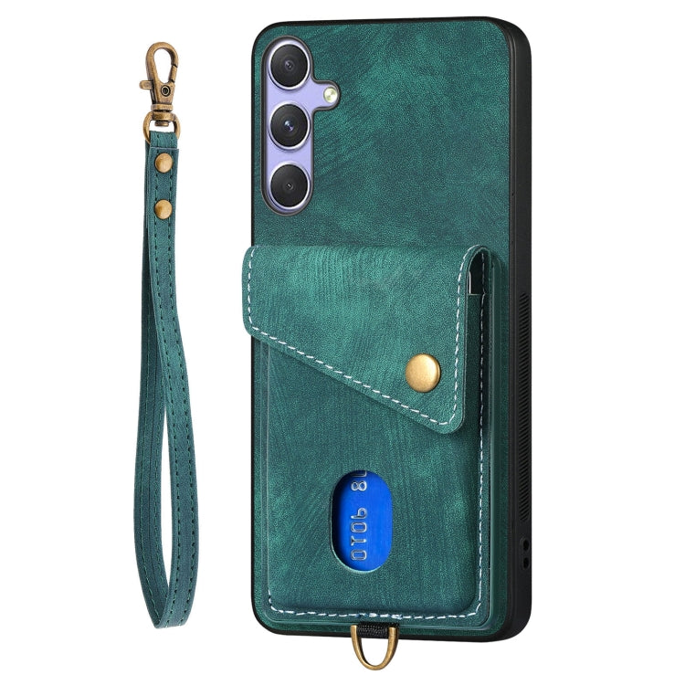 For Samsung Galaxy S25 5G Retro Card Wallet Fold Leather Phone Case with Strap(Green) - Galaxy S25 5G Cases by PMC TechLife | Online Shopping South Africa | PMC TechLife | Buy Now Pay Later Mobicred