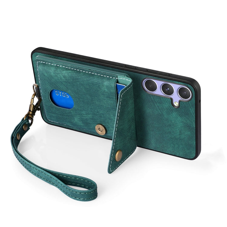 For Samsung Galaxy S25+ 5G Retro Card Wallet Fold Leather Phone Case with Strap(Green) - Galaxy S25+ 5G Cases by PMC TechLife | Online Shopping South Africa | PMC TechLife | Buy Now Pay Later Mobicred