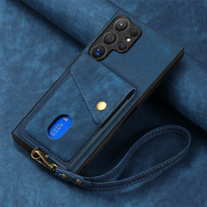 For Samsung Galaxy S25 Ultra 5G Retro Card Wallet Fold Leather Phone Case with Strap(Blue) - Galaxy S25 Ultra 5G Cases by PMC Jewellery | Online Shopping South Africa | PMC Jewellery | Buy Now Pay Later Mobicred