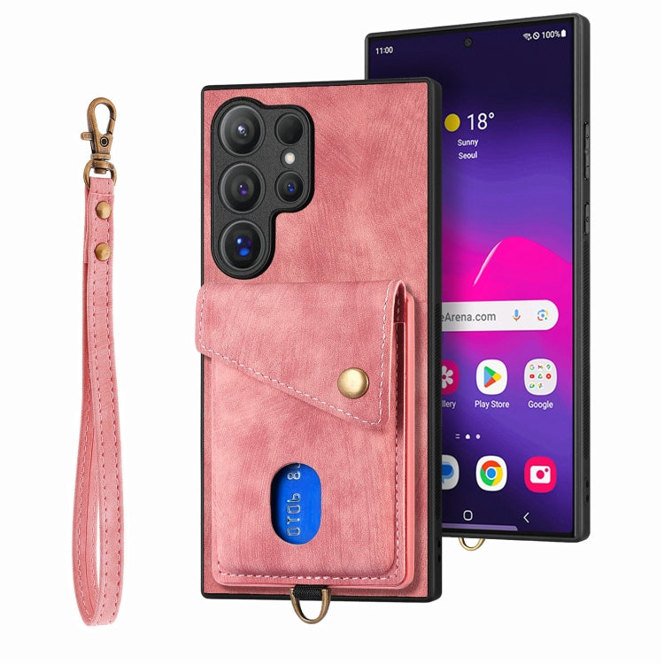 For Samsung Galaxy S25 Ultra 5G Retro Card Wallet Fold Leather Phone Case with Strap(Pink) - Galaxy S25 Ultra 5G Cases by PMC TechLife | Online Shopping South Africa | PMC TechLife | Buy Now Pay Later Mobicred