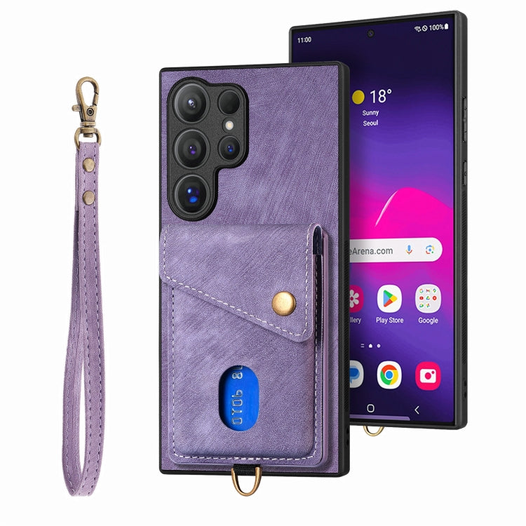 For Samsung Galaxy S25 Ultra 5G Retro Card Wallet Fold Leather Phone Case with Strap(Purple) - free shipping - PMC TechLife - Order now!