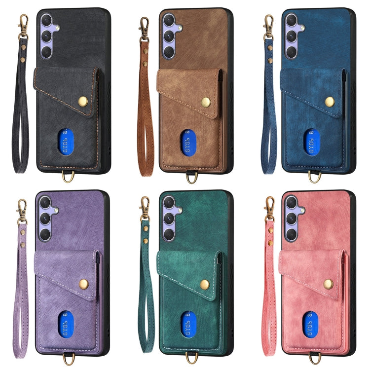 For Samsung Galaxy S25 Ultra 5G Retro Card Wallet Fold Leather Phone Case with Strap(Pink) - Galaxy S25 Ultra 5G Cases by PMC TechLife | Online Shopping South Africa | PMC TechLife | Buy Now Pay Later Mobicred