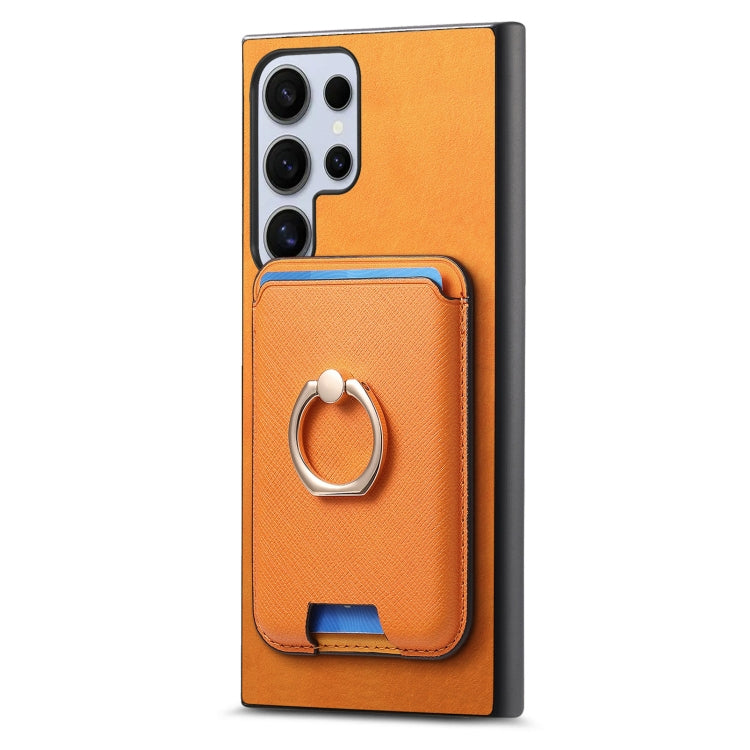 For Samsung Galaxy S25 Ultra 5G Retro Cross Leather Ring Vertical Insert Card Bag MagSafe Phone Case(Yellow) - Galaxy S25 Ultra 5G Cases by PMC Jewellery | Online Shopping South Africa | PMC Jewellery | Buy Now Pay Later Mobicred