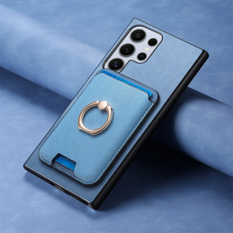 For Samsung Galaxy S25 Ultra 5G Retro Cross Leather Ring Vertical Insert Card Bag MagSafe Phone Case(Blue) - Galaxy S25 Ultra 5G Cases by PMC Jewellery | Online Shopping South Africa | PMC Jewellery | Buy Now Pay Later Mobicred