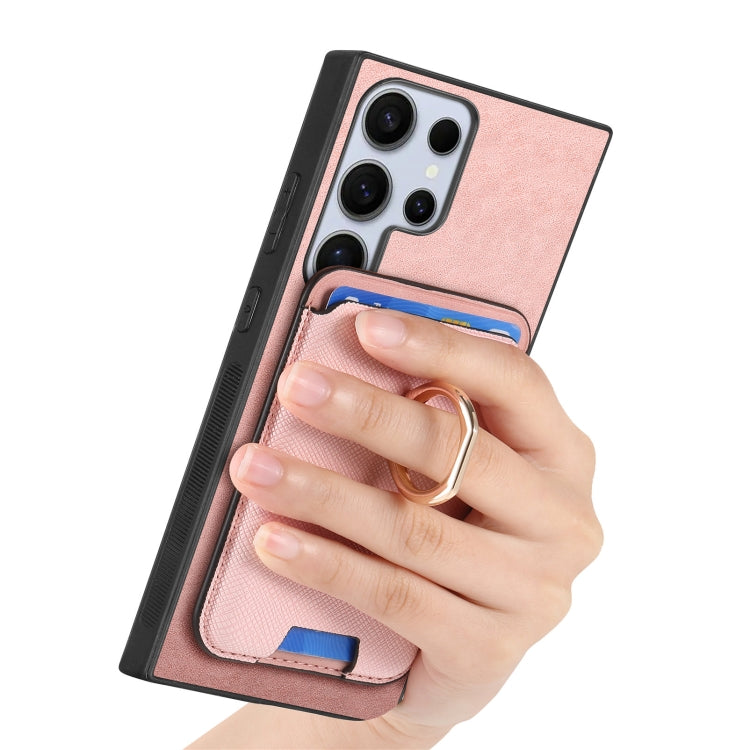 For Samsung Galaxy S25 Ultra 5G Retro Cross Leather Ring Vertical Insert Card Bag MagSafe Phone Case(Pink) - Galaxy S25 Ultra 5G Cases by PMC Jewellery | Online Shopping South Africa | PMC Jewellery | Buy Now Pay Later Mobicred