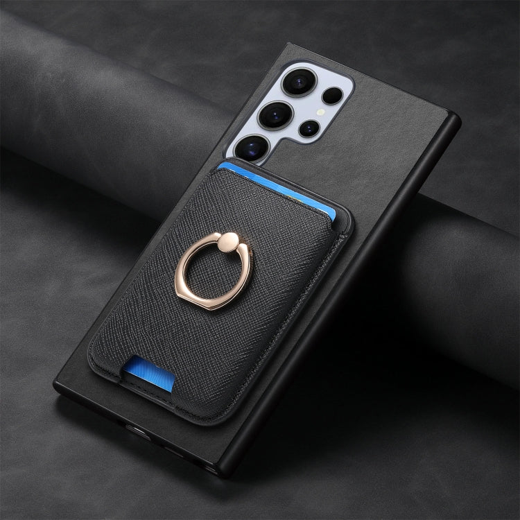 For Samsung Galaxy S25 Ultra 5G Retro Cross Leather Ring Vertical Insert Card Bag MagSafe Phone Case(Black) - Galaxy S25 Ultra 5G Cases by PMC Jewellery | Online Shopping South Africa | PMC Jewellery | Buy Now Pay Later Mobicred