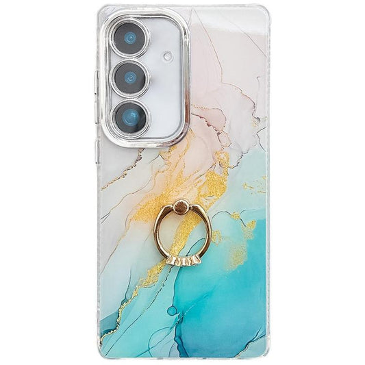 For Samsung Galaxy S25+ 5G Electroplated Marble Texture Ring Holder Phone Case(Yellow Green S13) - Galaxy S25+ 5G Cases by PMC Jewellery | Online Shopping South Africa | PMC Jewellery | Buy Now Pay Later Mobicred