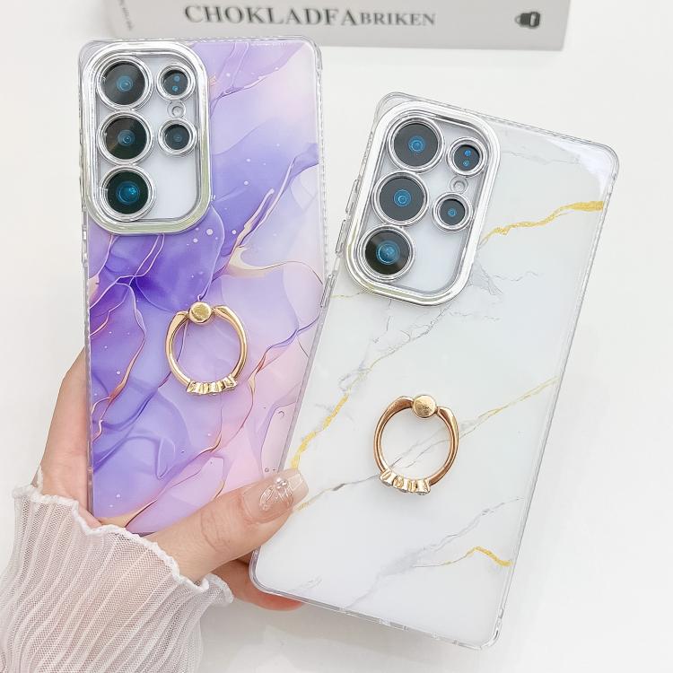 For Samsung Galaxy S25 Ultra 5G Electroplated Marble Texture Ring Holder Phone Case(Blue Purple S10) - Galaxy S25 Ultra 5G Cases by PMC Jewellery | Online Shopping South Africa | PMC Jewellery | Buy Now Pay Later Mobicred
