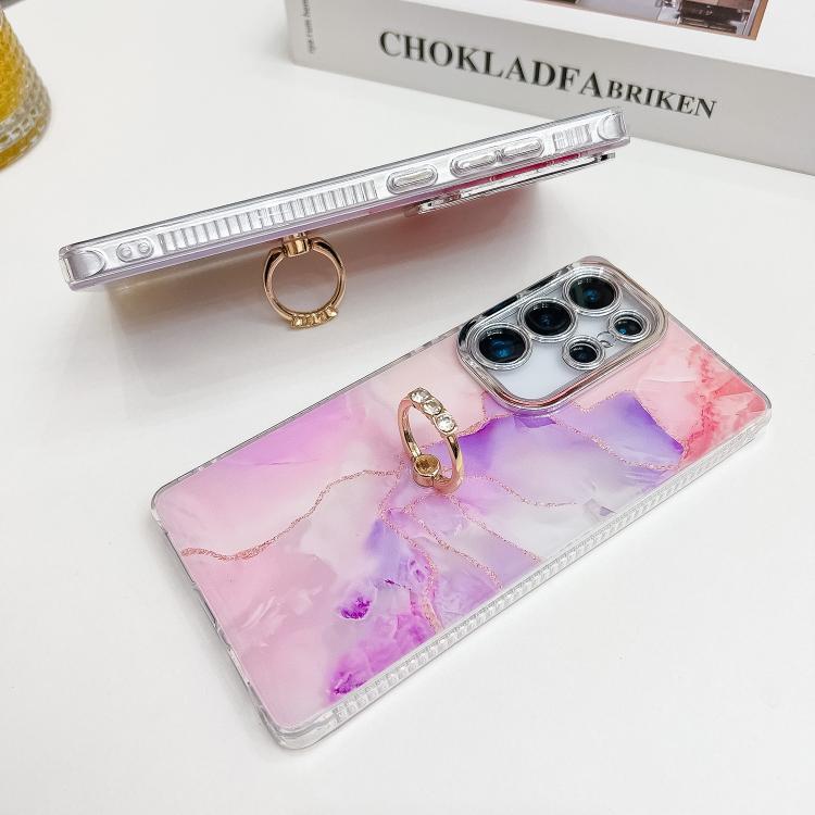 For Samsung Galaxy S25 5G Electroplated Marble Texture Ring Holder Phone Case(Gold White S1) - Galaxy S25 5G Cases by PMC Jewellery | Online Shopping South Africa | PMC Jewellery | Buy Now Pay Later Mobicred