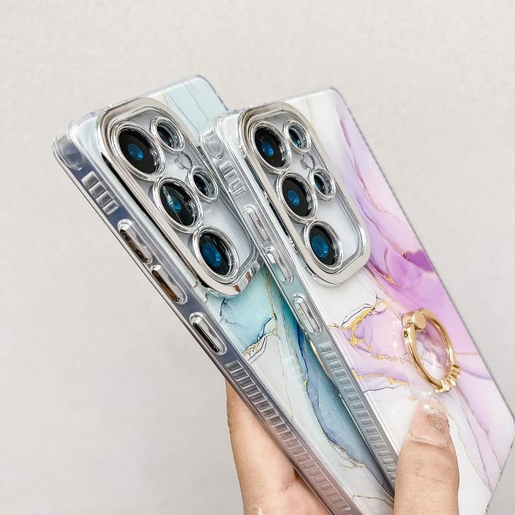 For Samsung Galaxy S25 Ultra 5G Electroplated Marble Texture Ring Holder Phone Case(Gold Pink Red  S12) - free shipping - PMC Jewellery - Order now!