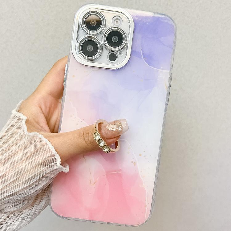 For iPhone 16e Electroplated Marble Texture Ring Holder Phone Case(Blue S11) - iPhone 16e Cases by PMC TechLife | Online Shopping South Africa | PMC TechLife | Buy Now Pay Later Mobicred