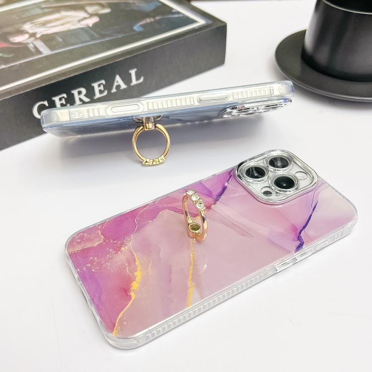 For iPhone 16e Electroplated Marble Texture Ring Holder Phone Case(Blue Purple S10) - iPhone 16e Cases by PMC TechLife | Online Shopping South Africa | PMC TechLife | Buy Now Pay Later Mobicred