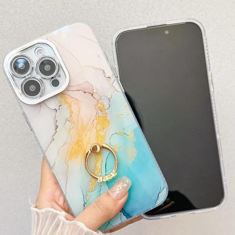 For iPhone 16e Electroplated Marble Texture Ring Holder Phone Case(Pink Purple S4) - iPhone 16e Cases by PMC TechLife | Online Shopping South Africa | PMC TechLife | Buy Now Pay Later Mobicred