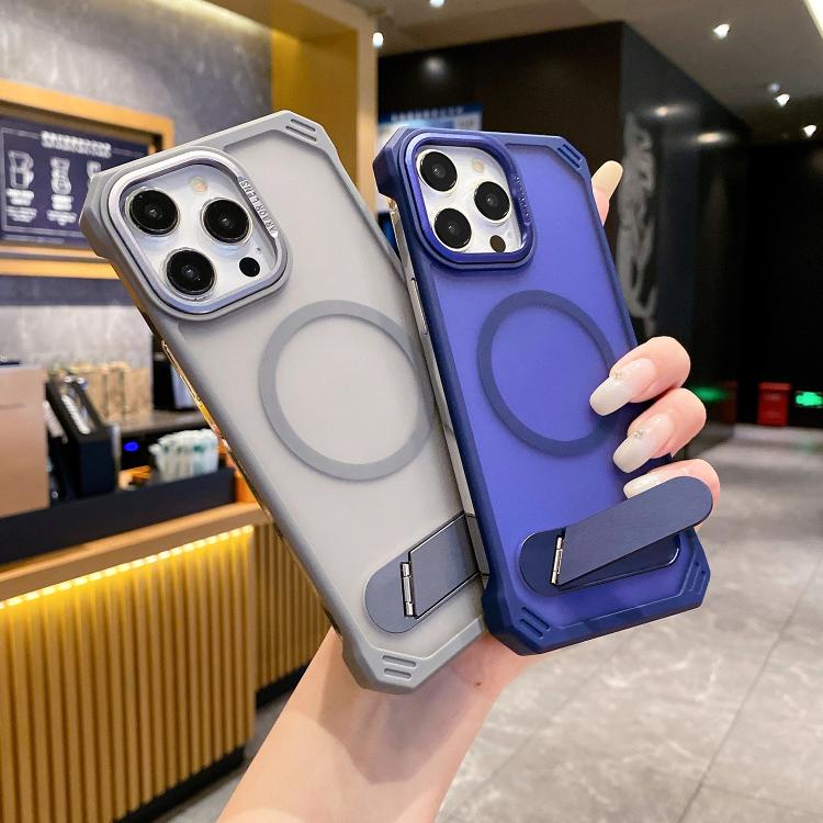 For iPhone 15 Pro Max Skin Feel Frameless MagSafe PC Phone Case with Fold Holder(Purple) - iPhone 15 Pro Max Cases by PMc TechLife | Online Shopping South Africa | PMc TechLife | Buy Now Pay Later Mobicred