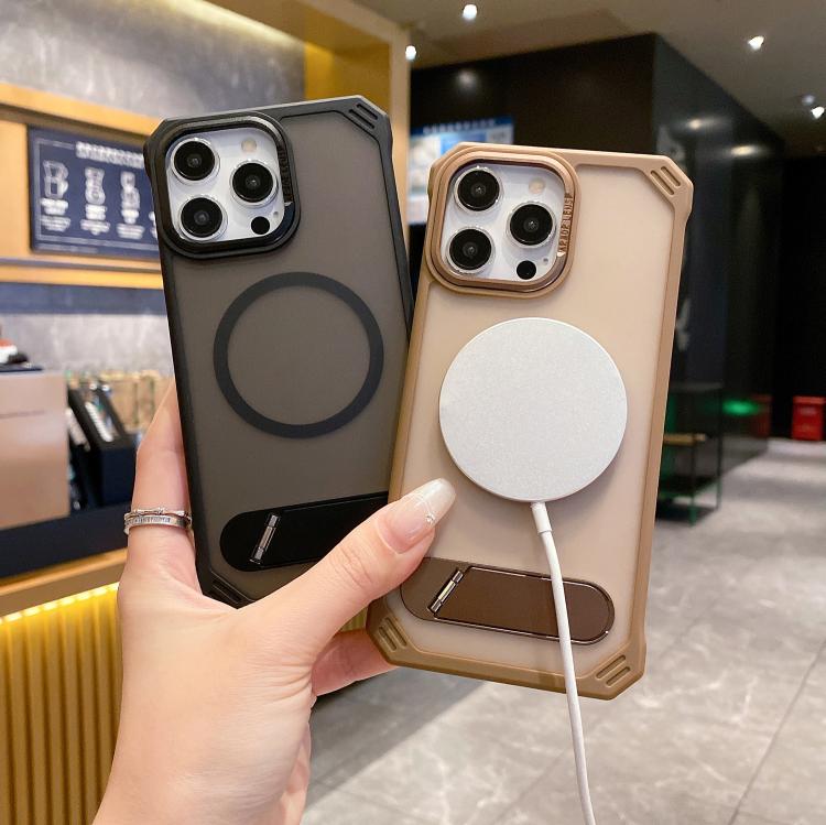 For iPhone 15 Skin Feel Frameless MagSafe PC Phone Case with Fold Holder(Desert Gold) - free shipping - PMc TechLife - Order now!